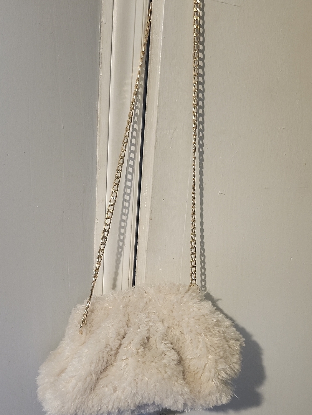 Cream Faux Fur Mini Crossbody Bag with Gold Chain